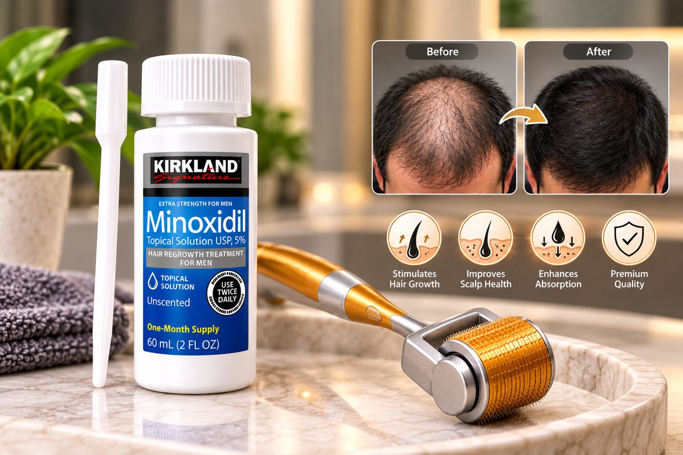 Kirkland Minoxidil বোতল, ড্রপার ও ডার্মা রোলার